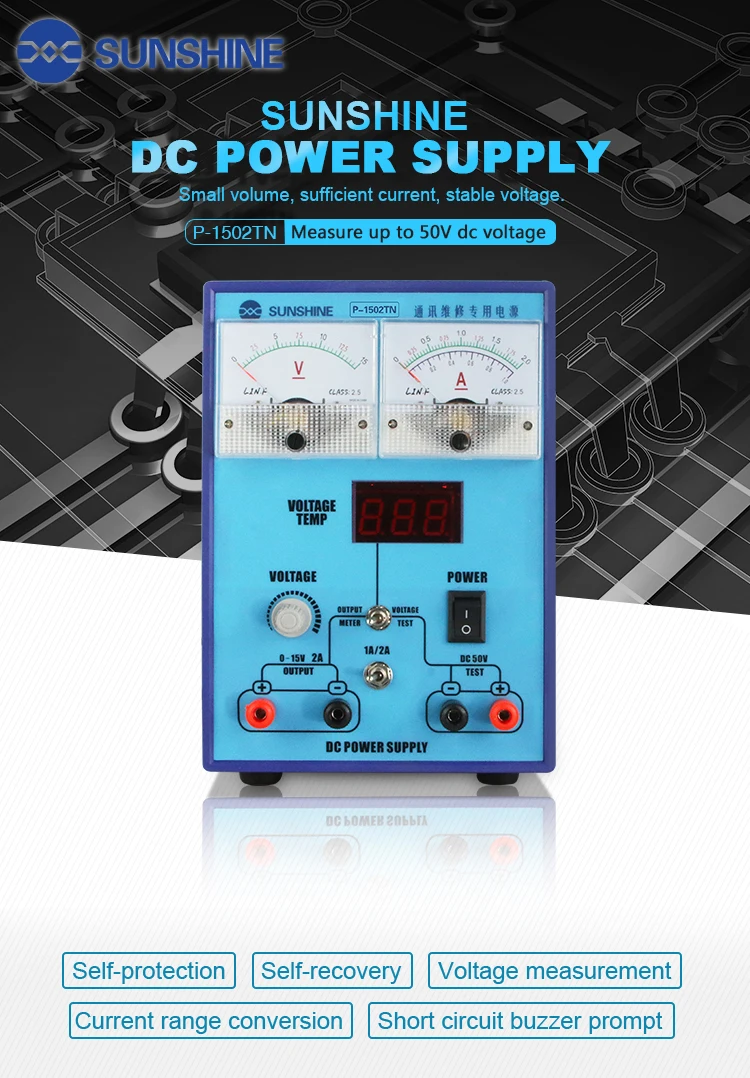 Солнечный P-1502TN Мини-источник питания постоянного тока 50 В 2 А регулируемый для ремонта мобильных телефонов измерения напряжения и