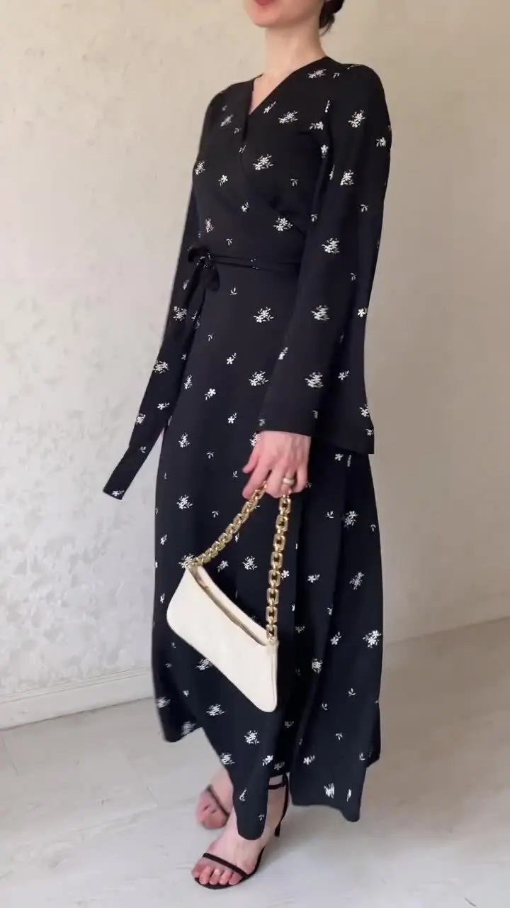 Dubai Turkish Spring Summer Party Printed Dress Islamic Clothing Middle Eastern Modern V-Neck Floral Soft Tie Belt Robe 7224