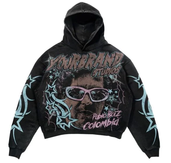 Custom Manufacturer Y2k Heavy Weight Dtg Print Knitted Hoodie Vintage Wash Cropped Raw Hem Hoodies Hombre