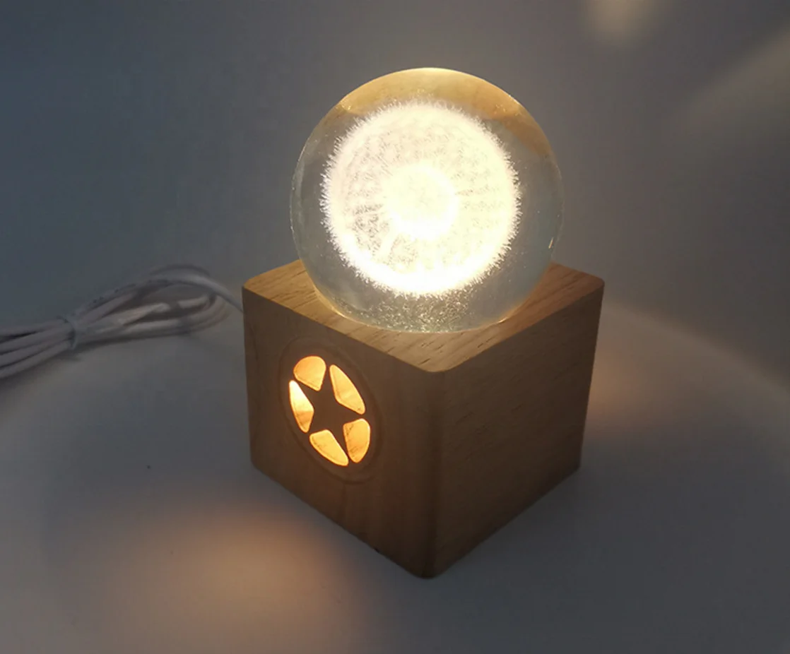 Cube Wooden Display Stand with Star Engraving Decoration for Crystal Ball Single LED Color Swith on USB Cable