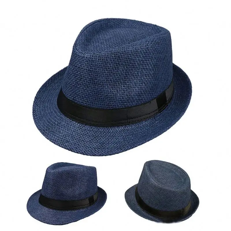 Men Women Summer Beach Jazz Panama Trilby Fedora Straw Dress Hat Male Short Brim Beach Cap Sun Hat
