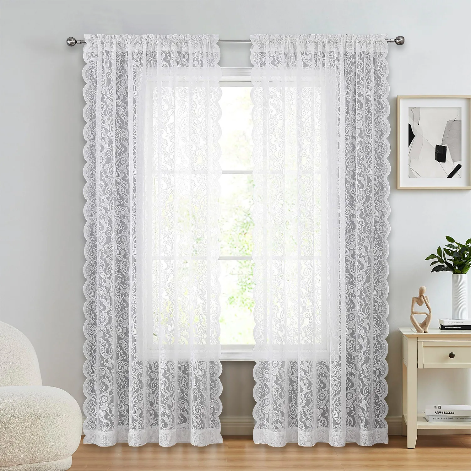 Luxury Home Curtain Cheap Price Rod Pocket Light Weight White Lace Sheer Curtain for The House