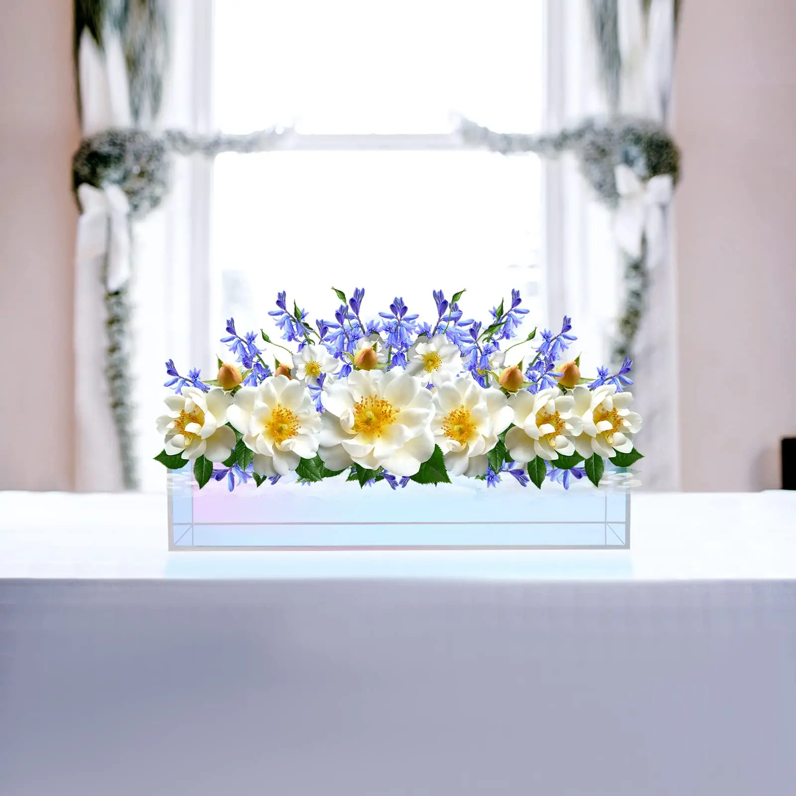 Iridescent Acrylic Modern Vase Rectangular Floral Centerpiece for Dining Table Low Laying Unique Flower Vases for Home Decor