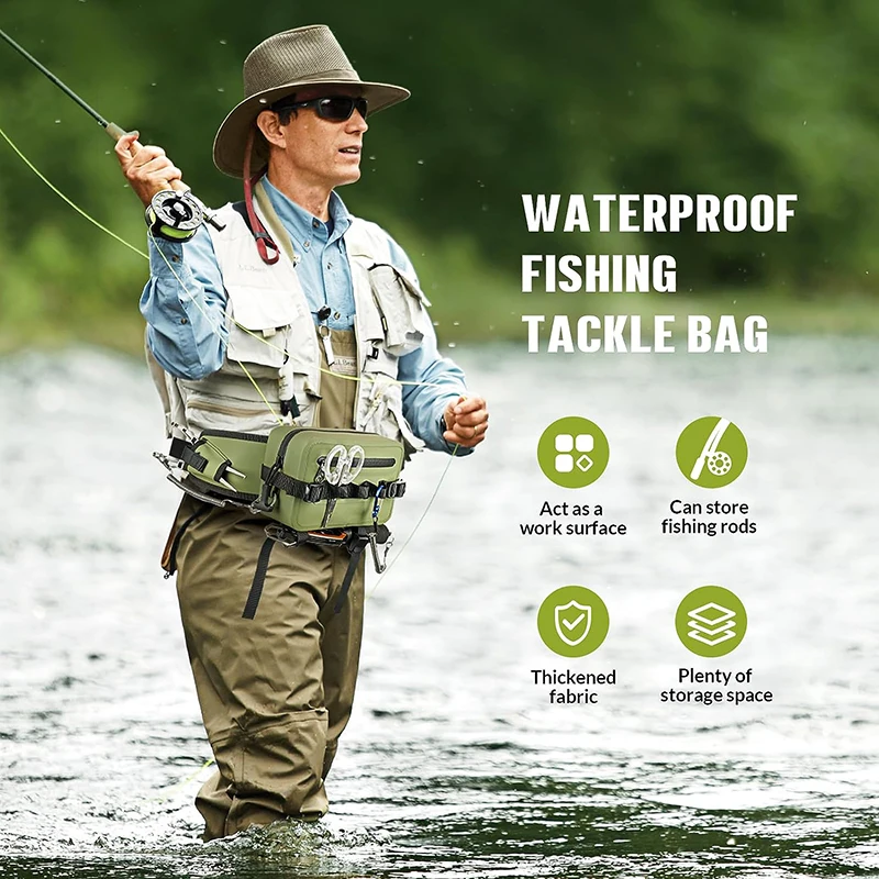 Waterproof Fishing Waist Pack Fishing Tackle Bag Fanny Pack Waist Bag with Adjustable Strap Fishing Rod Holder