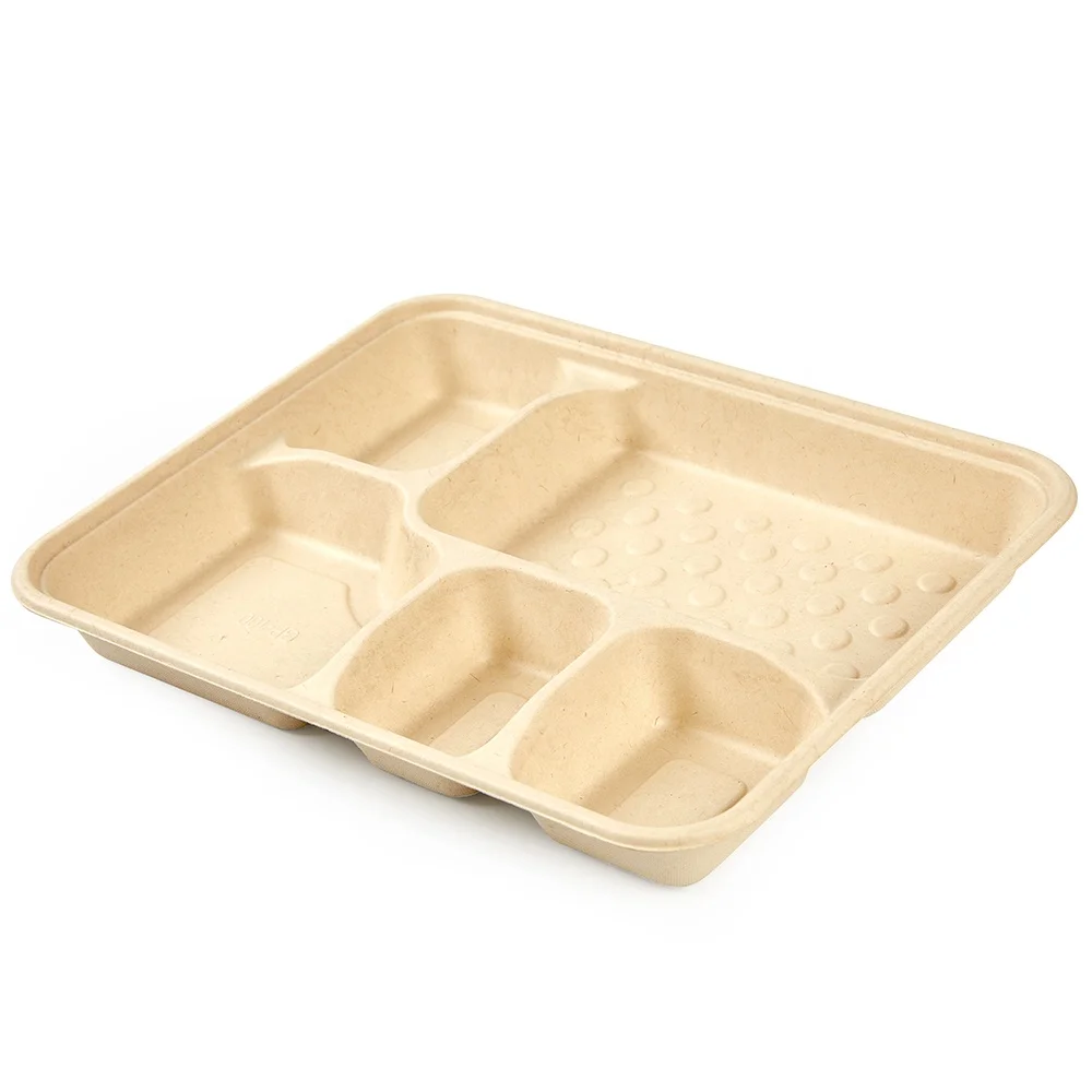 Экологичный биоразлагаемый сахарный тростник, багасса, 5 отделений, одноразовый пищевой контейнер, контейнер для еды для ресторана