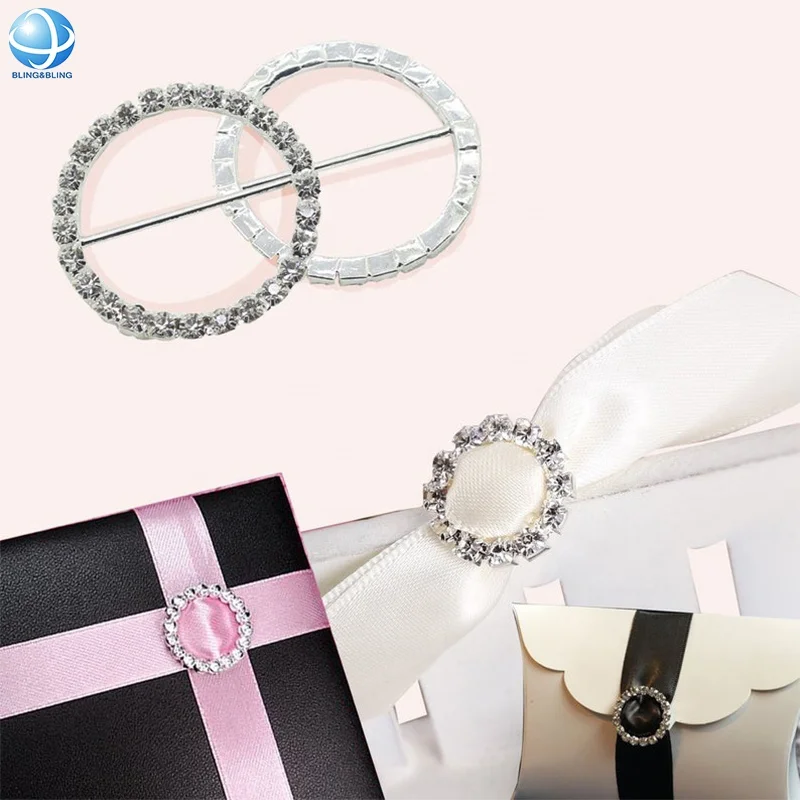 Minimalist 1 Row Rhinestone Embellishment Silver Round Slide Buckle For Ribbon Gift Boxes Decor