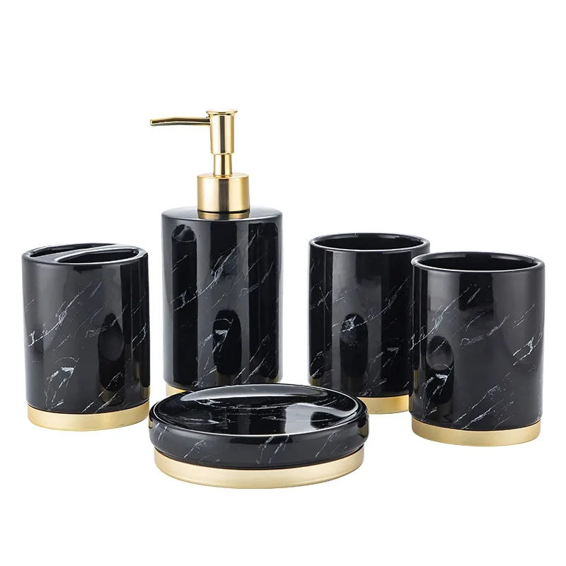 Beautiful design hotel home bathroom marbled Ceramic black soap dispenser with tray set