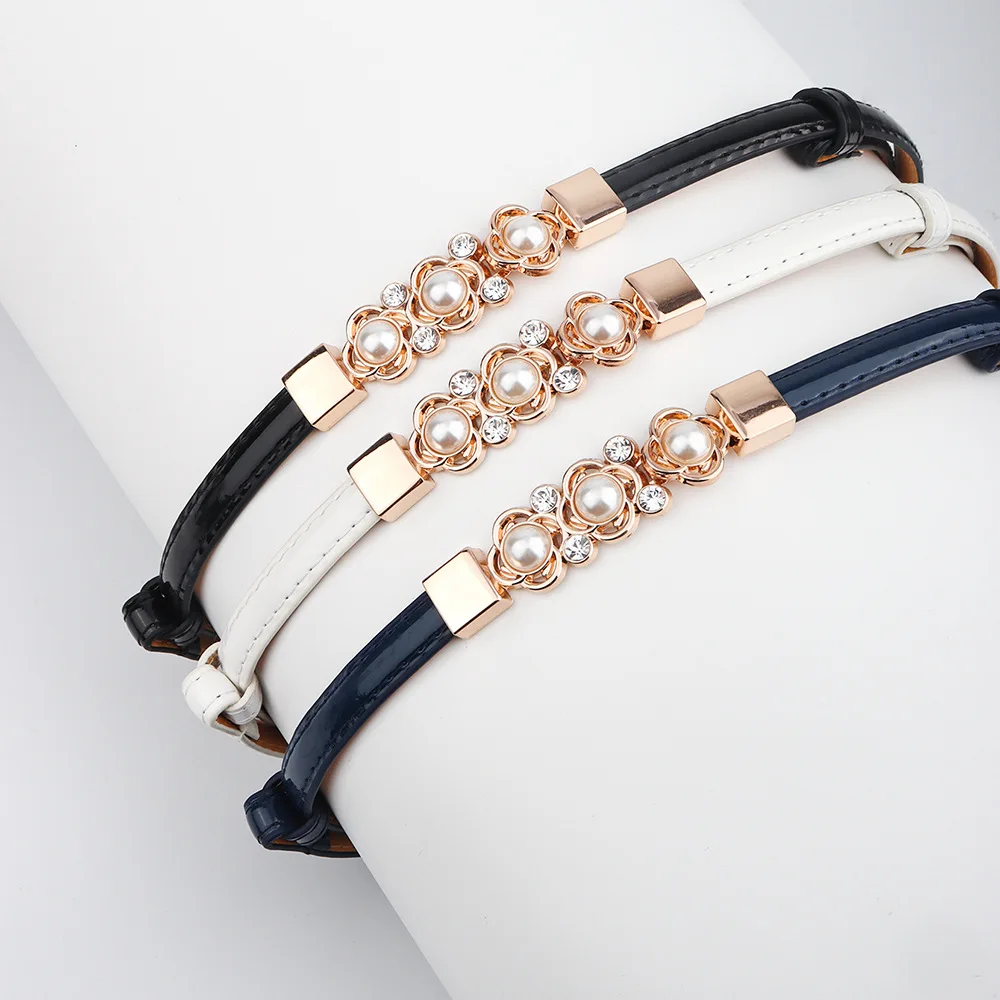 Wholesale Woman Skinny genuine leather white belts alloy Buckle  Fashion Belt for Daily Life Adjustable Thin Pearl Beaded Belt