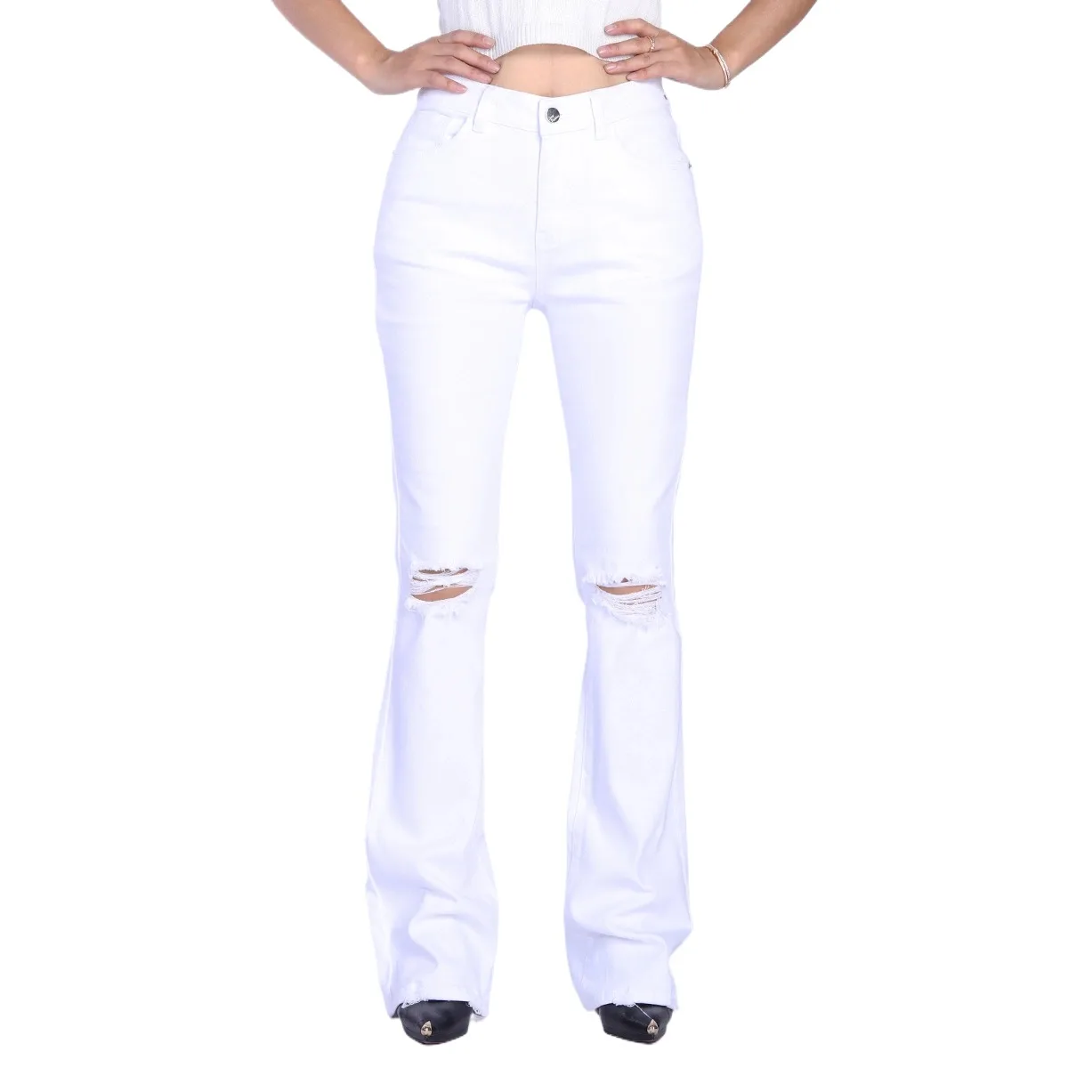 Custom White Colored Stretchy Ripped Design High Waist Women Flare Jeans