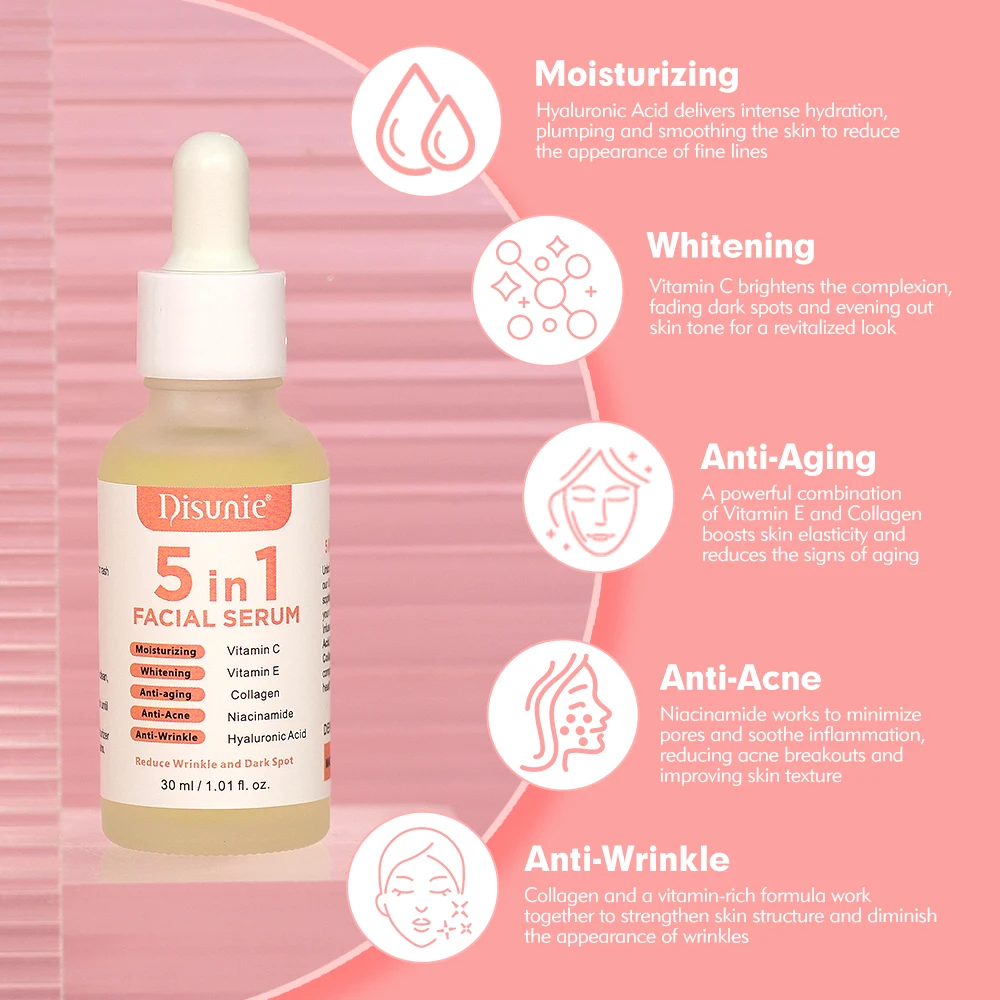 5 in 1 Vitamin C Skin Whitening Serum  Vitamina C With Hyaluronic acid Wrinkle remover Private Label Face Serum