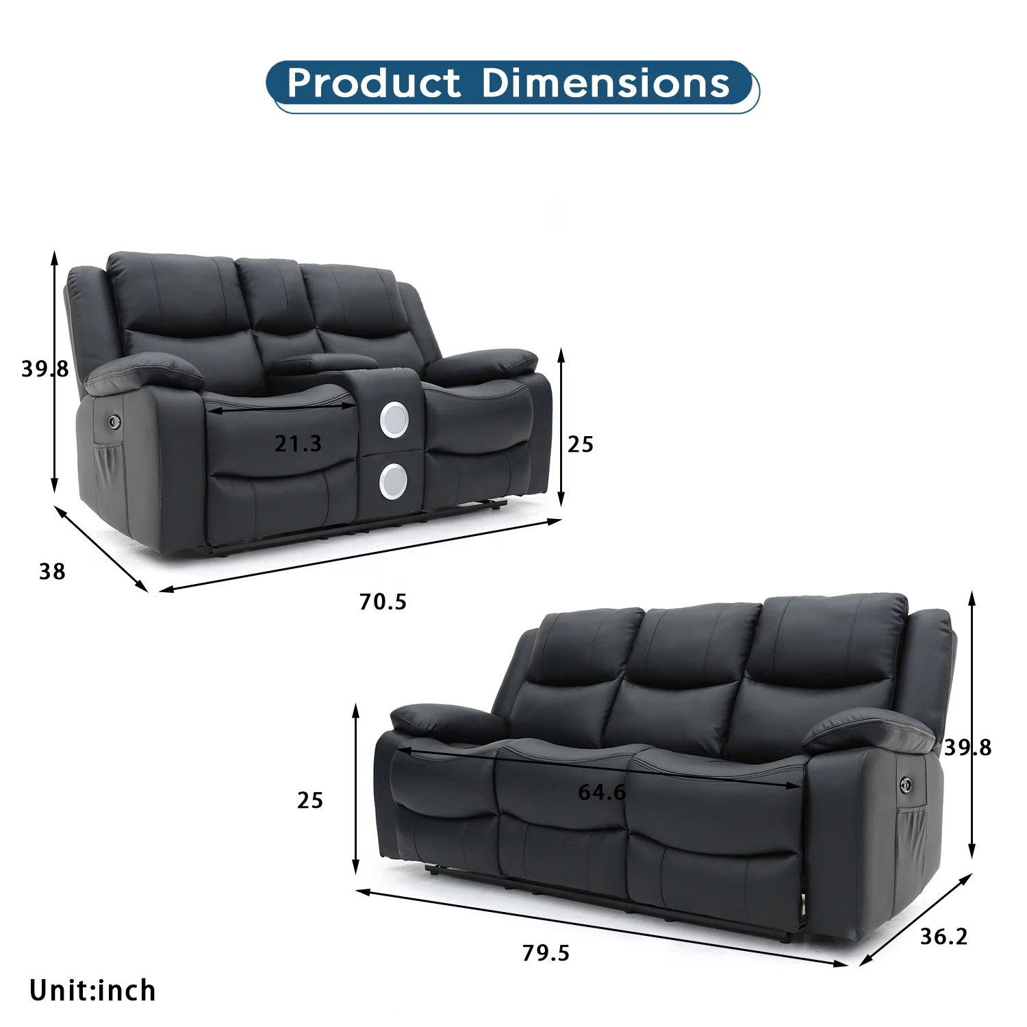 Geeksofa Leather Power Electric Motion Recliner Sofa Set 3 2 1 with Console and Bluetooth Speakers for Living Room Furniture