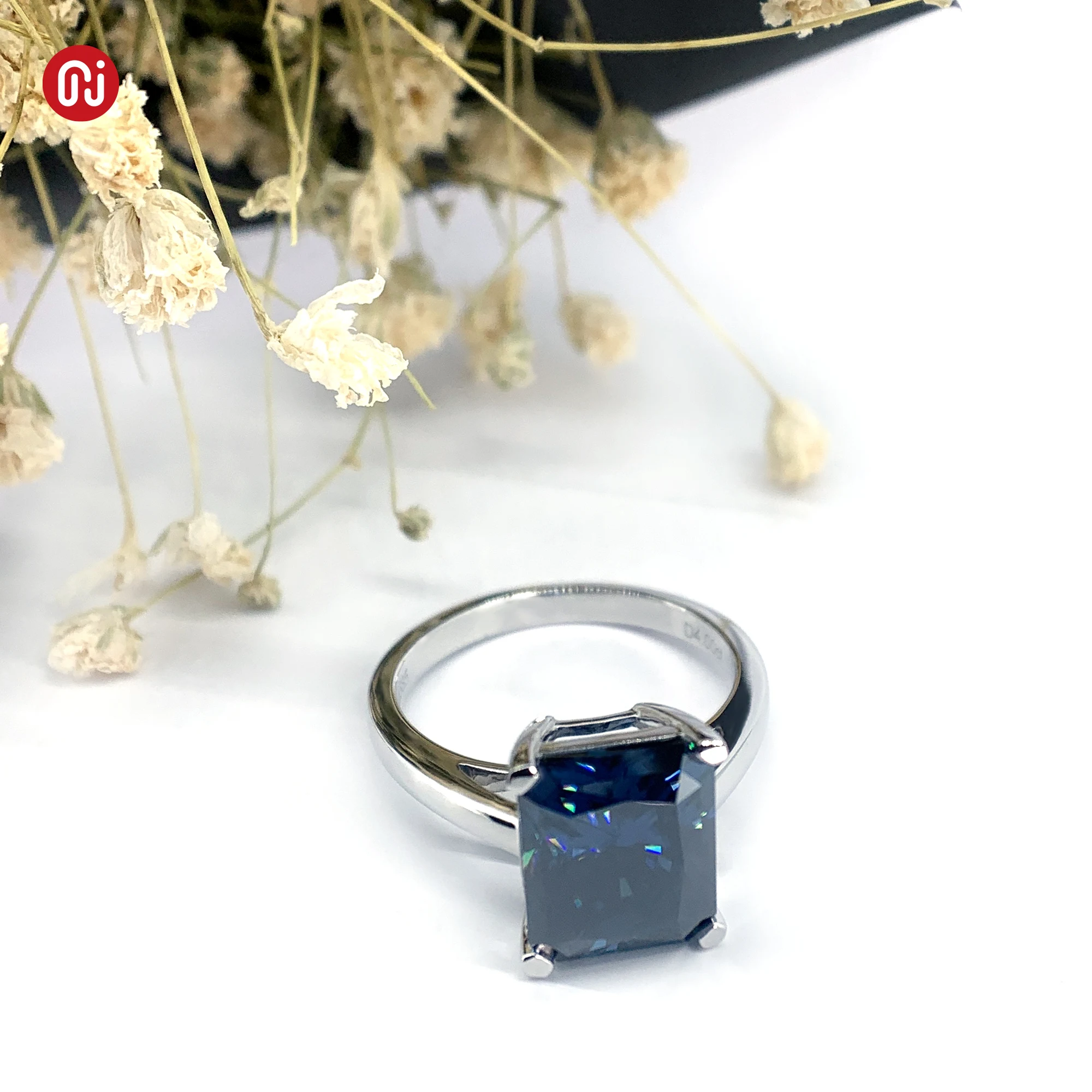 GIGAJEWE total 4.0ct  8x10mm Dark blue color  Emerald Cut Ring  9K/14K/18K White Gold , Moissanite Ring for women Gift