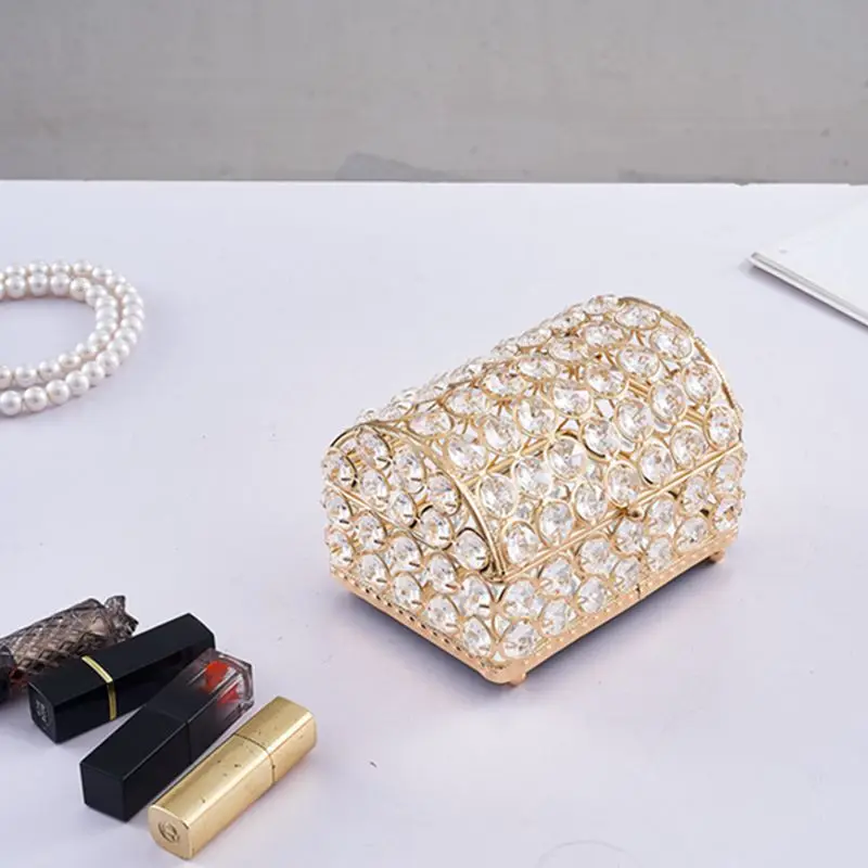 Wedding Hardware Iron Treasure Chest Electroplated Gold Crystal Home Accessories Gift Gold Box Sign-in Desk Arrangement Props