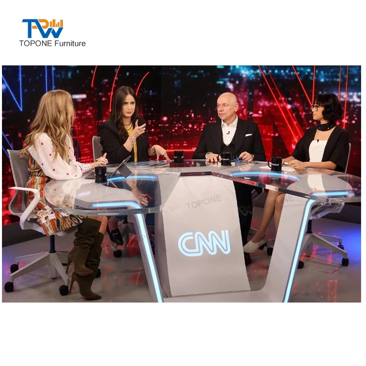 Customized White Big broadcast table of Radio TV Broadcasting Equipment Triangle Artificial Stone TV news desk