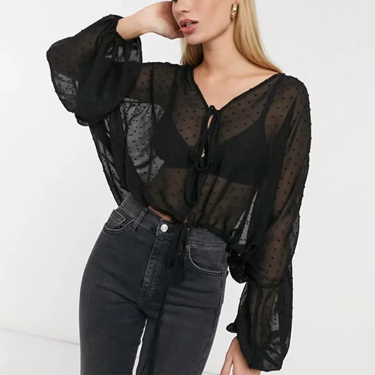 Женские Жаккардовые Прозрачные топы и блузки с длинным рукавом новейшего дизайна