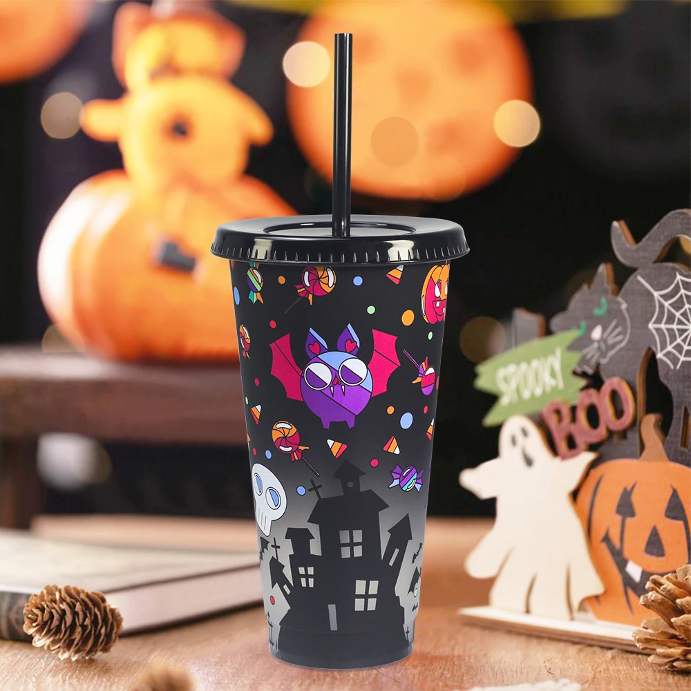 Magic tumbler sipper glass plastic Halloween Ghost magic cold colour black color changing cup with straw