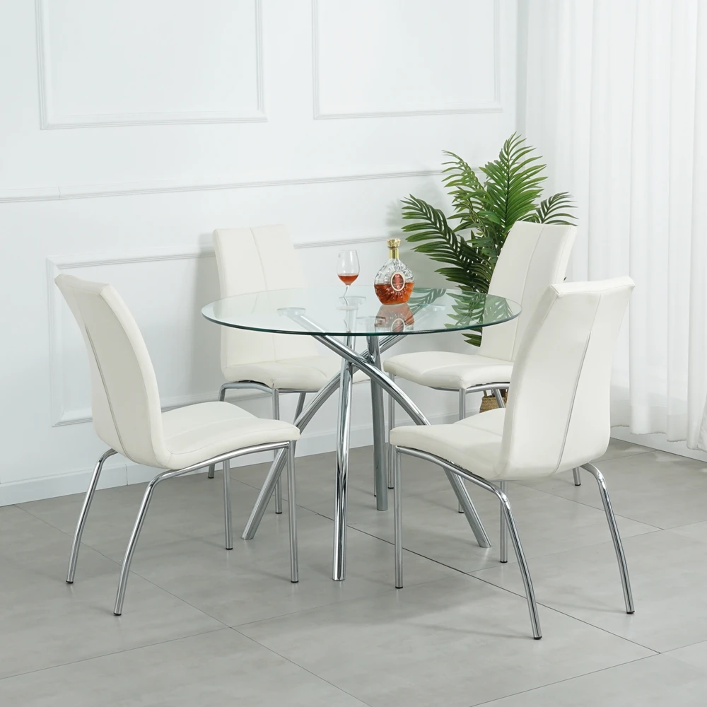 Modern Fashionable Popular Chrome Legs Glass Round Top Decoration Dining Table