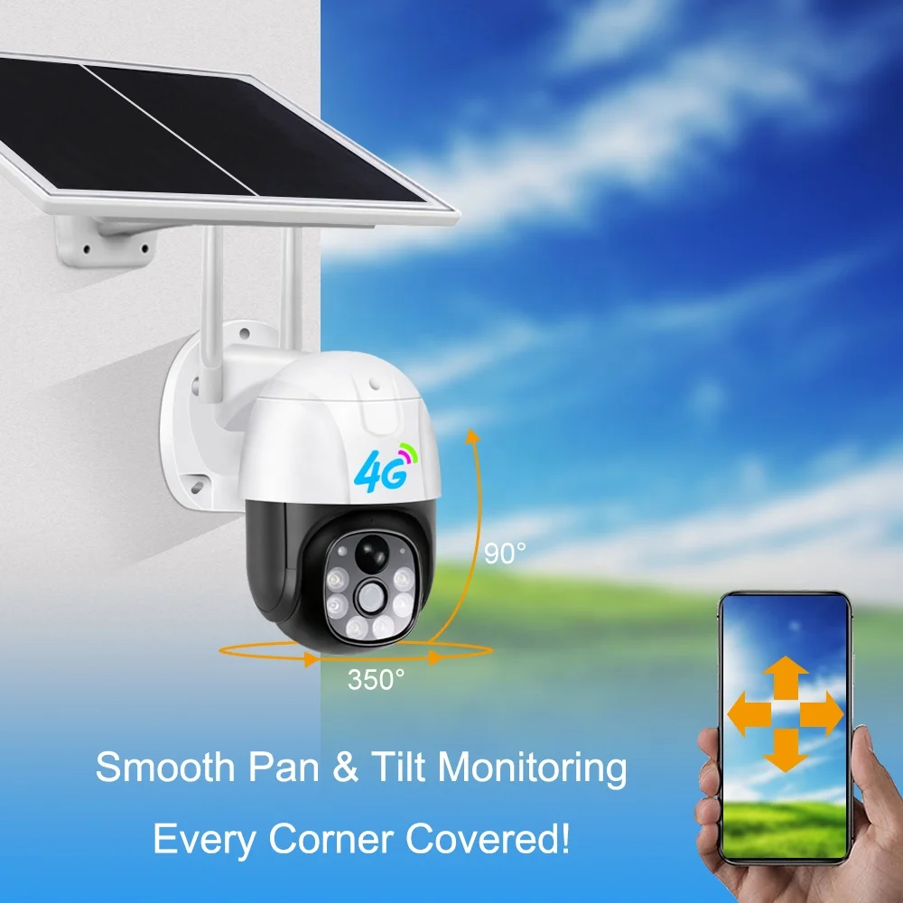 Outdoor PTZ Camera Built-in Alarm IP65 Waterproof Two-Way Intercom Night Vision 1080P WiFi 4G Solar Security Camera