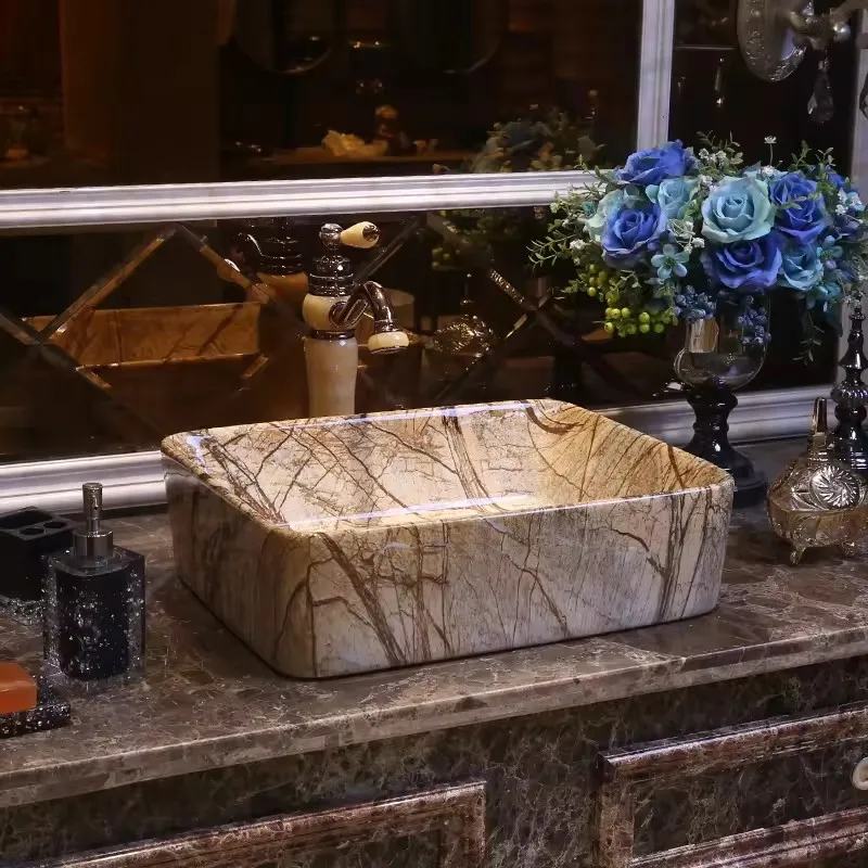 European Rectangle Bathroom Basin Marble Design Wash Basin Above Counter Wash Basin Ceramic Art Hand Washing Sink