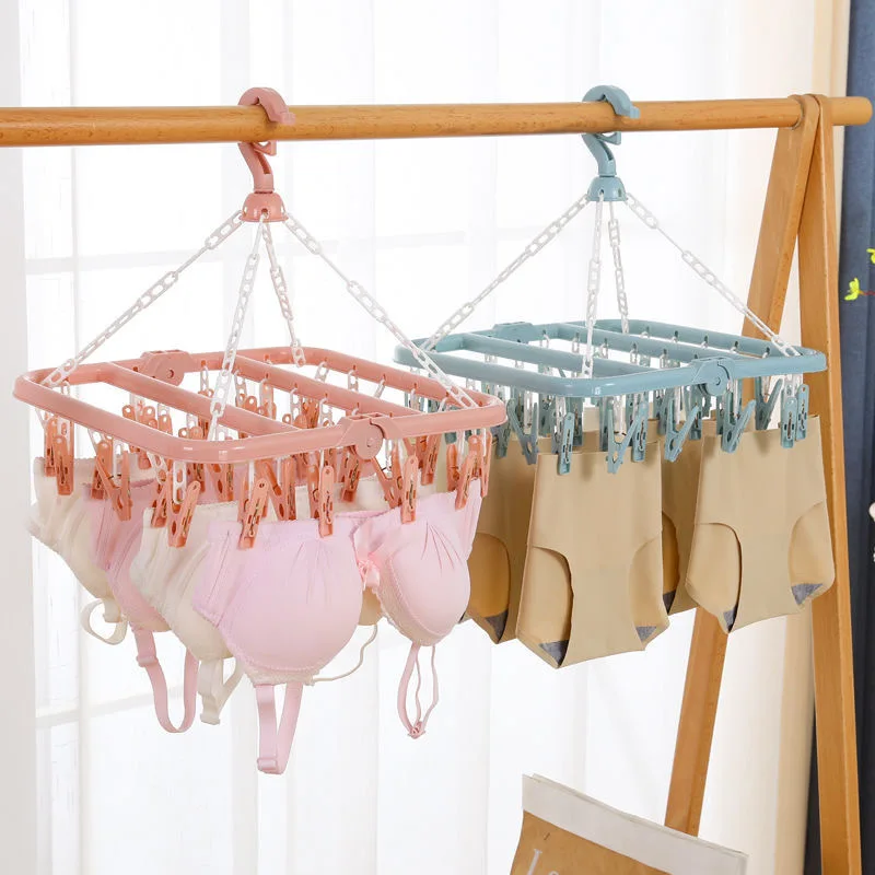 MJ Hot Selling Foldable Clothes Plastic Hanger For Scarf Socks Hook And Underwear Hanger With 32 Clips With Best Price