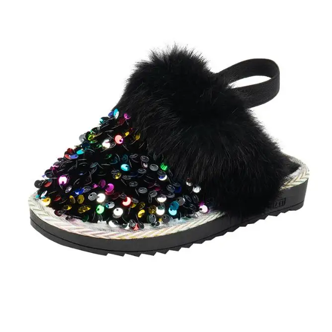 2024 new Winter flat slip on indoor furry slippers sequins fur cotton shoes children girls fuzzy plush house slippers