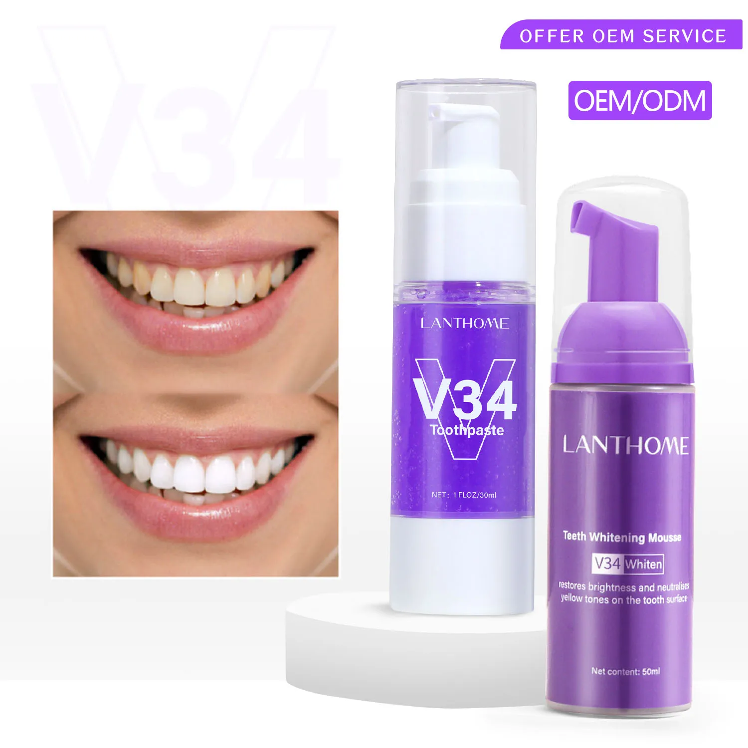 V34 Private Label яркий веганский Фтор без пятен для удаления зубов отбеливающая пена фиолетовая зубная паста