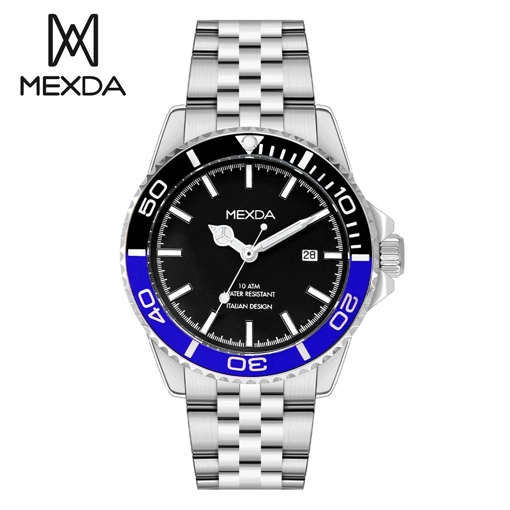 Mexda Custom Hot Selling Vintage Simple Design Stainless Steel Case Solid Band 10atm Waterproof Analog Divers Men Watches
