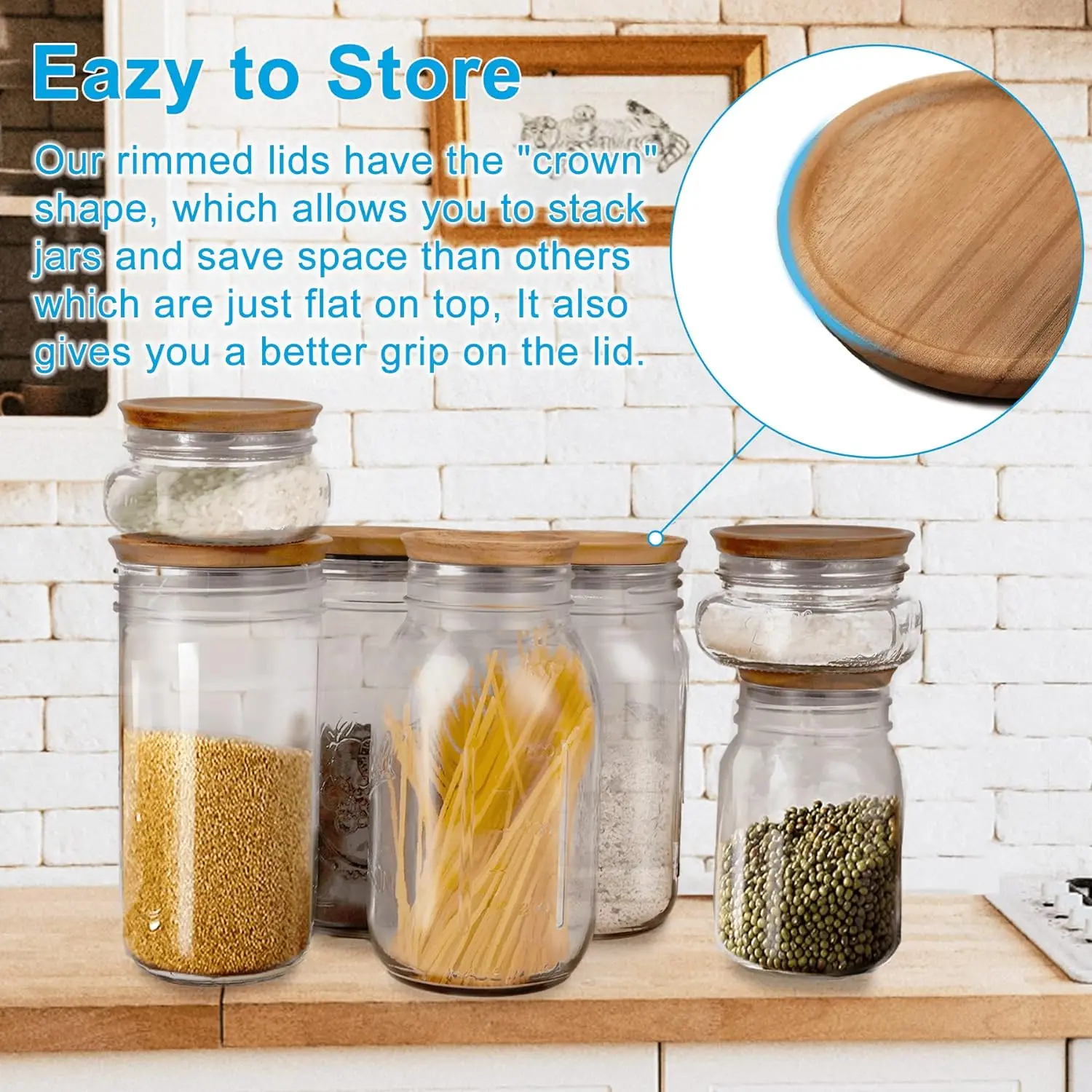 6 Pack Mason Jar Wooden Storage Lids, Reusable Canning Lids, Perfect for Wide Mouth Ball Weck Jars to Stack in Kitchen & Pantry