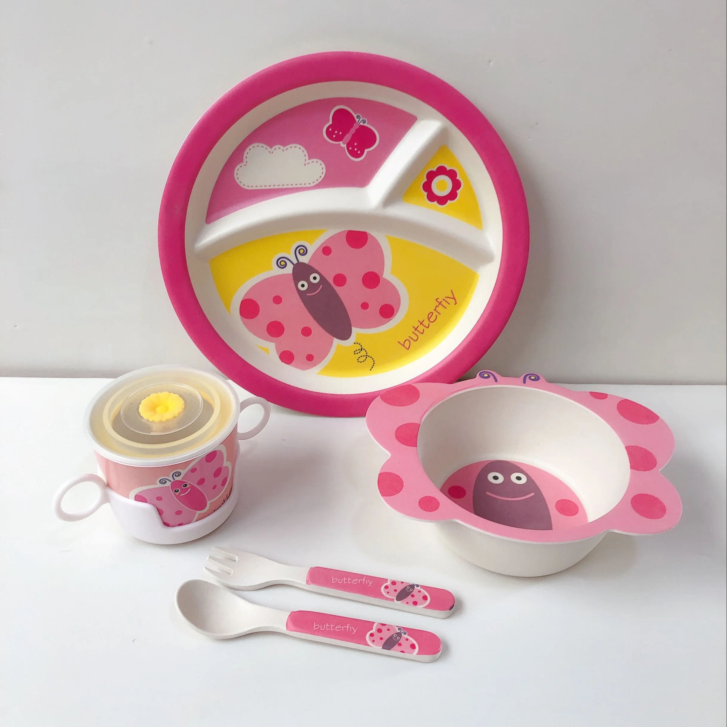 Round wholesale kids cartoon bamboo fiber dinner dish set