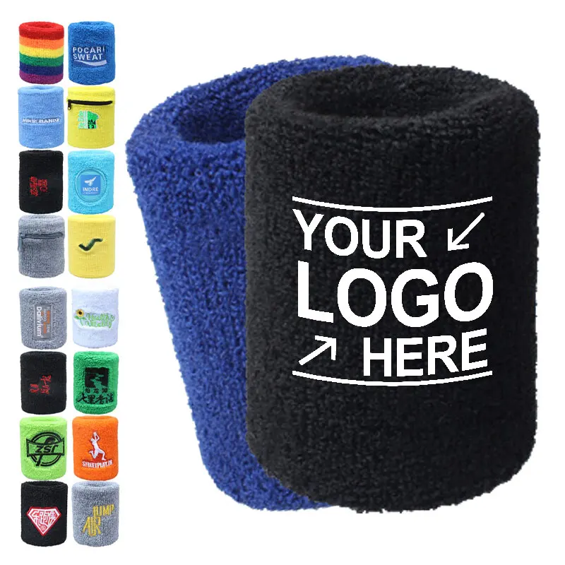 Embroidery Bulk Recycled Soft Cotton Fitness Terry Cloth Knitted Athletic For Custom Logo Exercise Sweatband Wristband