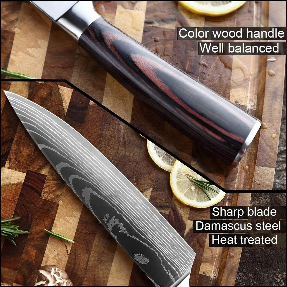Amazon Best Product 8 Pieces Handmade Forged Damascus Steel Knife 8 Inch Damascus Steel Laser Pattern Kitchen Chef Knife Set