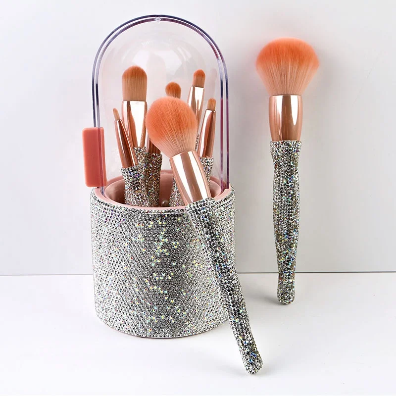 8 pcs Wholesale rhinestone Diamond Makeup Brush Set private label Eyeshadow Brush Beauty Makeup Storage Bucket for women
