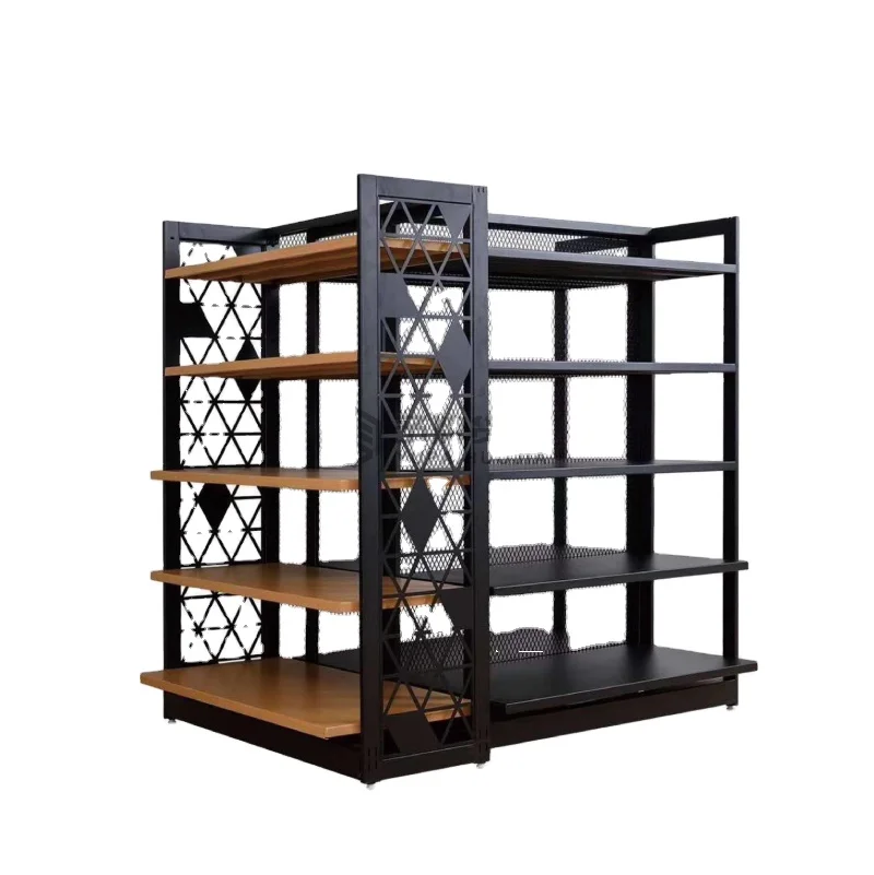 Supermarket Rack with Single Double White Wire Mesh Hanging Boards Heavy-Duty Metallic Display Stand Shelves Double-Sided Design