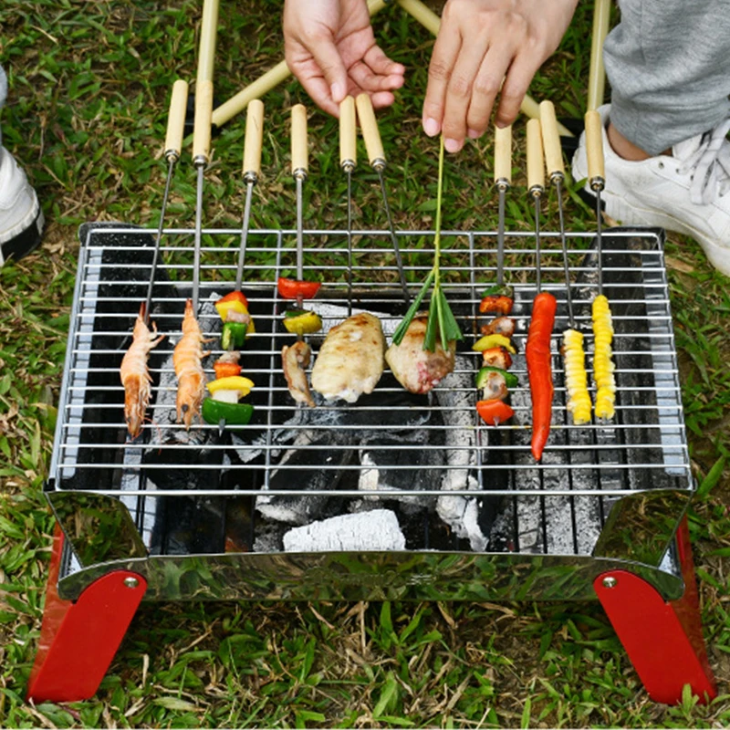 OEM Manufacturer Stainless Steel 304 Needles Wooden Handle Grilling Kebab Skewers Barbecue Roasting Sticks Wood Bbq Tools