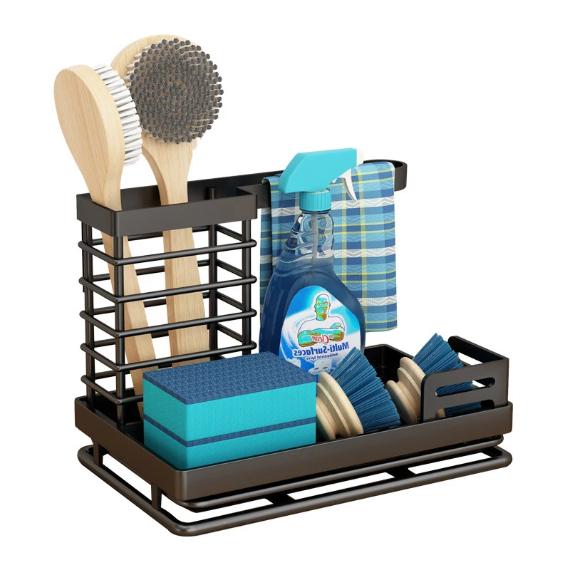 Kitchen 2 Tier Rag Dish Cloth Rack with Tray Over Sink Organizer Soap Sponge Brush Storage Holder Drain Metal Wire Basket Shelf