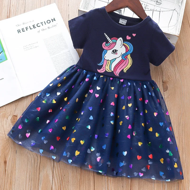 Green Horizon 2023 New unicorn pink blue baby dress for kids wholesale 2-7T Animal print children latest dress style tutu clothe