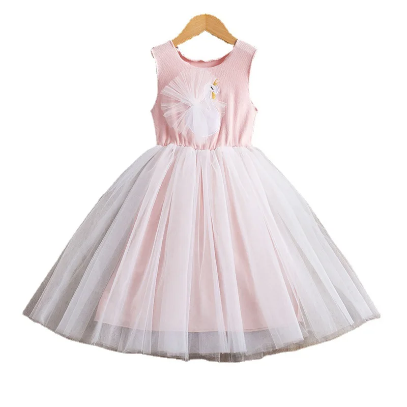 Summer 2023 New Sundress Dress Girls White Swan Mesh A-line Skirt Korean Style Toddler Kids Princess