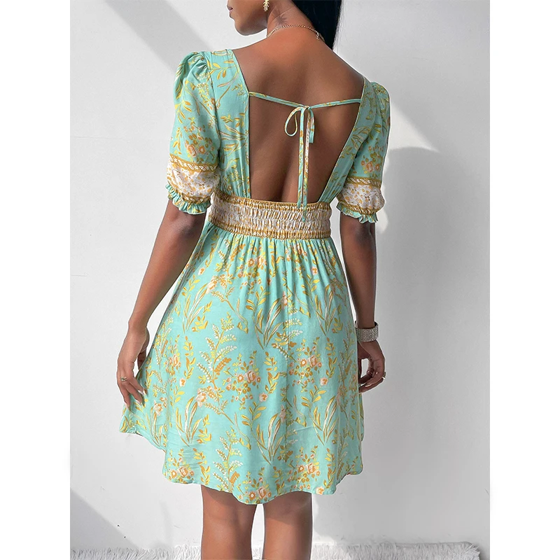 Wholesale Ladies Fashion Dresses Puff Sleeve Square Neck Tied Front Short Pleated A-line Smocked Girls Dress