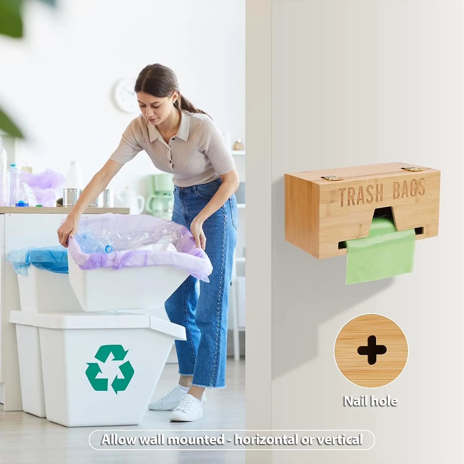 Wholesale Bamboo Trash Bag Dispenser For Plastic Bags,Garbage Trash Bag Dispenser Roll Holder Under Sink or Countertop Organizer