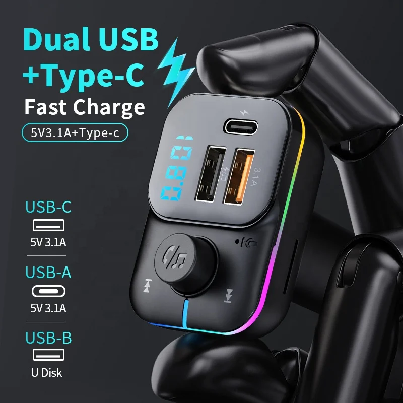 The New Car Bluetooth 5.0 FM Transmitter Wireless Handsfree Audio Mp3 Player Modulator Colorful lights Dual USB Car Charger