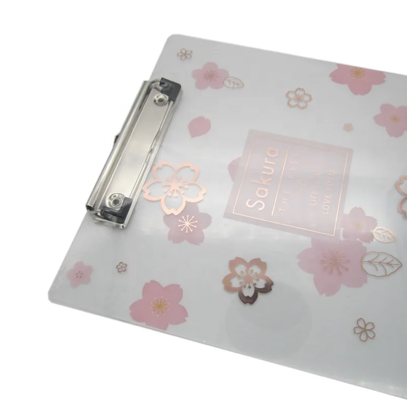 A4 size 2mm thickness sakura flower printing quality Japanese acrylic clipboard writing board with metal clip