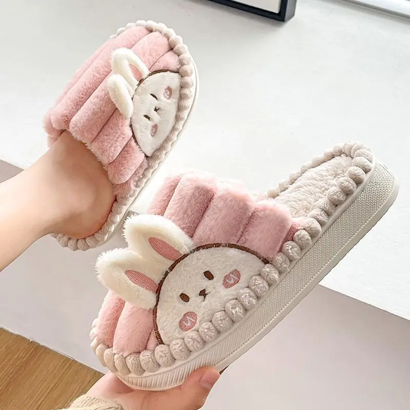 Cute Rabbit Couple Cotton Slippers Female Winter Student Dormitory Stay at Home Anti-slip and Warm Fur Furry Slippers