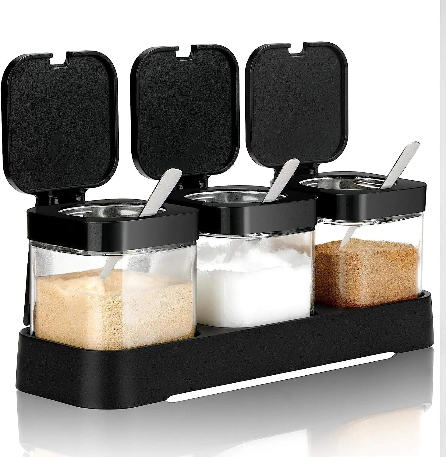 Condiment Jar Spice Container with Lids and Spoons 8oz Clear Glass Condiment Canisters Pots Seasoning Box Salt Container Sugar