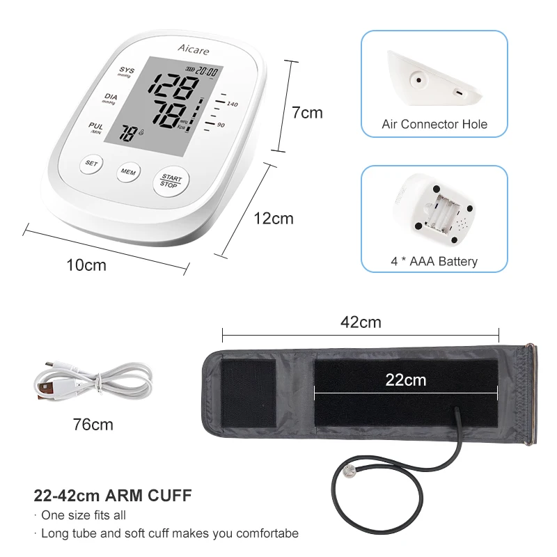 Upper Arm Digital Blood Pressure Monitor Sale White OEM Box Power Dry Battery CE ISO13485 Big screen 22-42cm