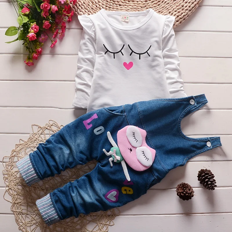Fashion Casual Comfortable Cute Cartoon Long Sleeve T-shirt Denim Pants Kids Clothing Girl Wholesale Children Boutique Clothing