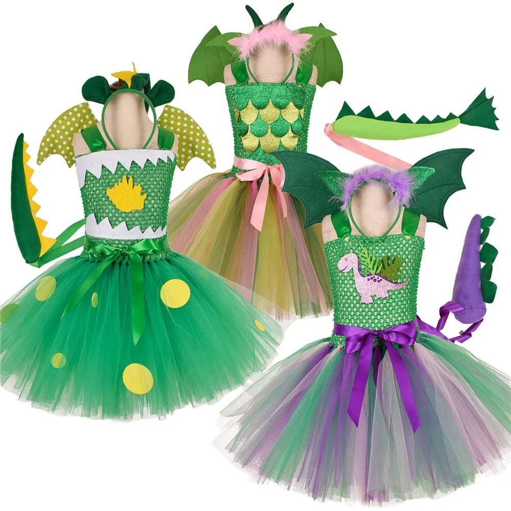 Kids Halloween Party Cosplay Dinosaur Fancy Tutu Dress Girls Stage Performance Animals Role Play Costumes
