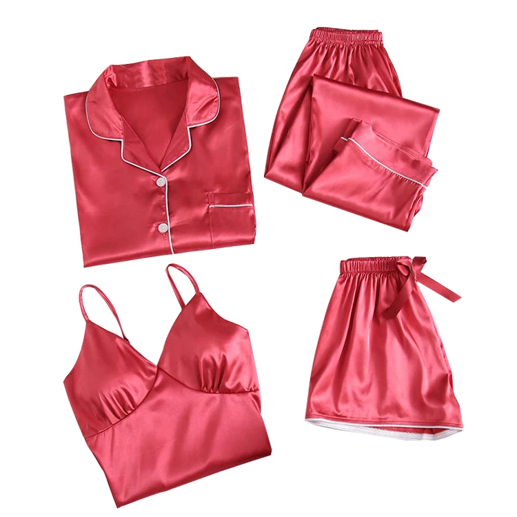 Wholesale Long Sleeve Silk 4 Piece Satin Sleepwear Pajamas Sets For Women