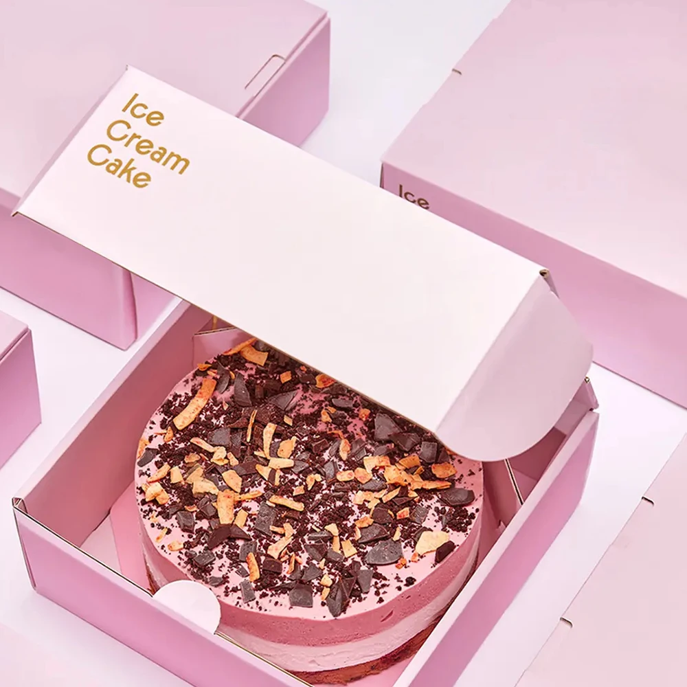 Оптовая продажа на заказ розовая Рассылка с логотипом коробка для выпечки торта из пралине