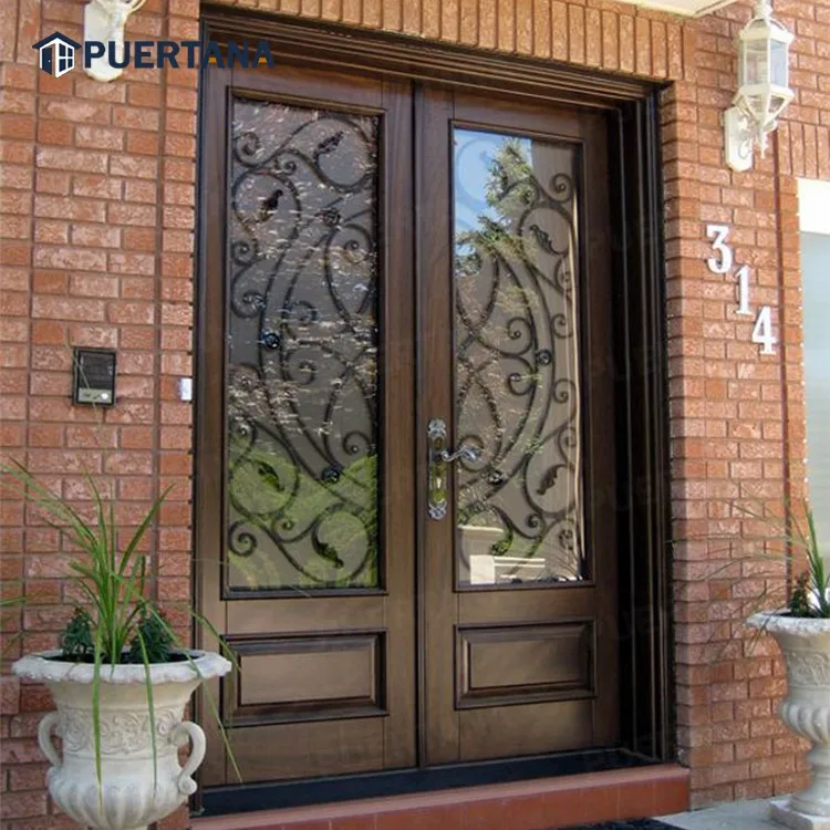 Custom Solid Wood Timber Wrought Iron Door Entry Wooden Door Decorative Cast Iron Grill Design Exterior Front Door