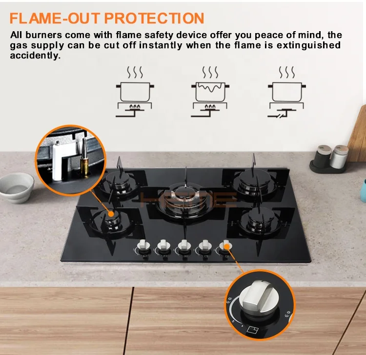 Home Kitchen Tempered Glass Top Stove 5 Burner Auto Ignition Built in Gas Cooktop